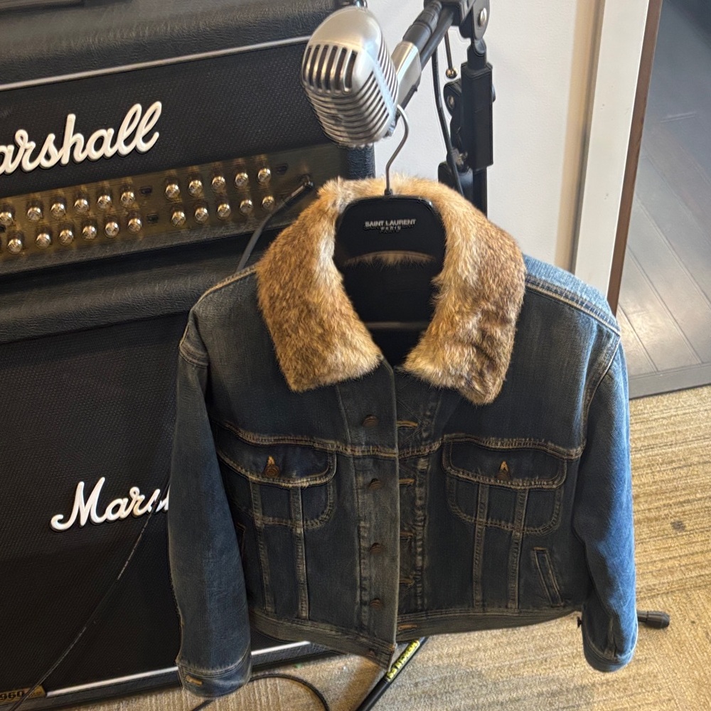 Saint Laurent Denim mens Jacket with Rabbit hair collar